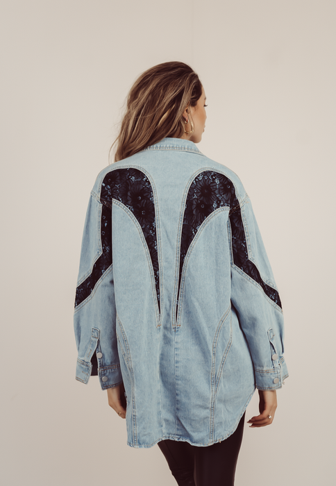 ASHTON - Denim Jacket / Blouse with Lace Detail in Blue