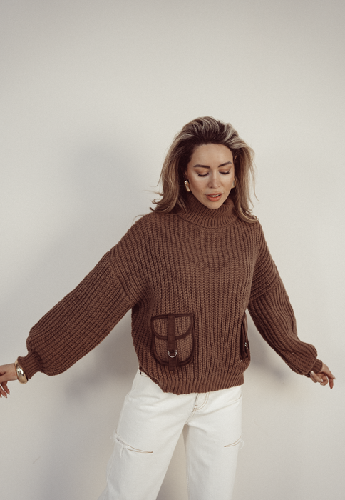 KATE - Cargo Turtle Neck Sweater in Chocolate Brown