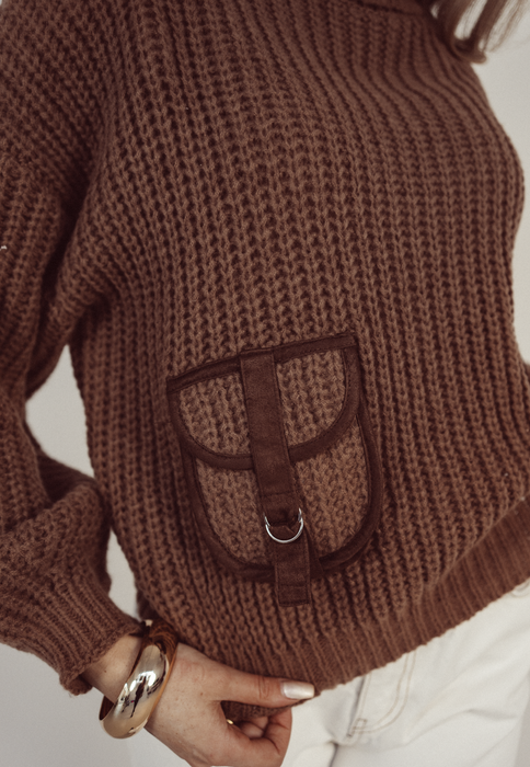 KATE - Cargo Turtle Neck Sweater in Chocolate Brown