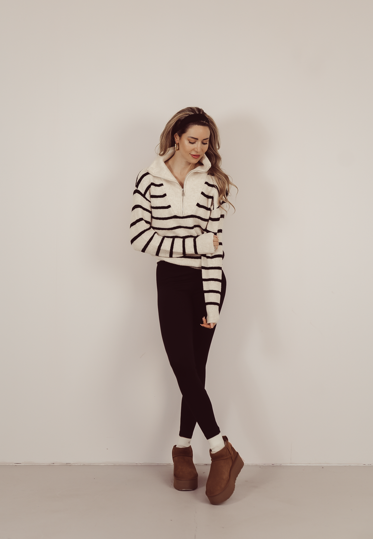 LEXI - Zip Sweater with Stripes in Beige