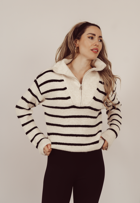 LEXI - Zip Sweater with Stripes in Beige