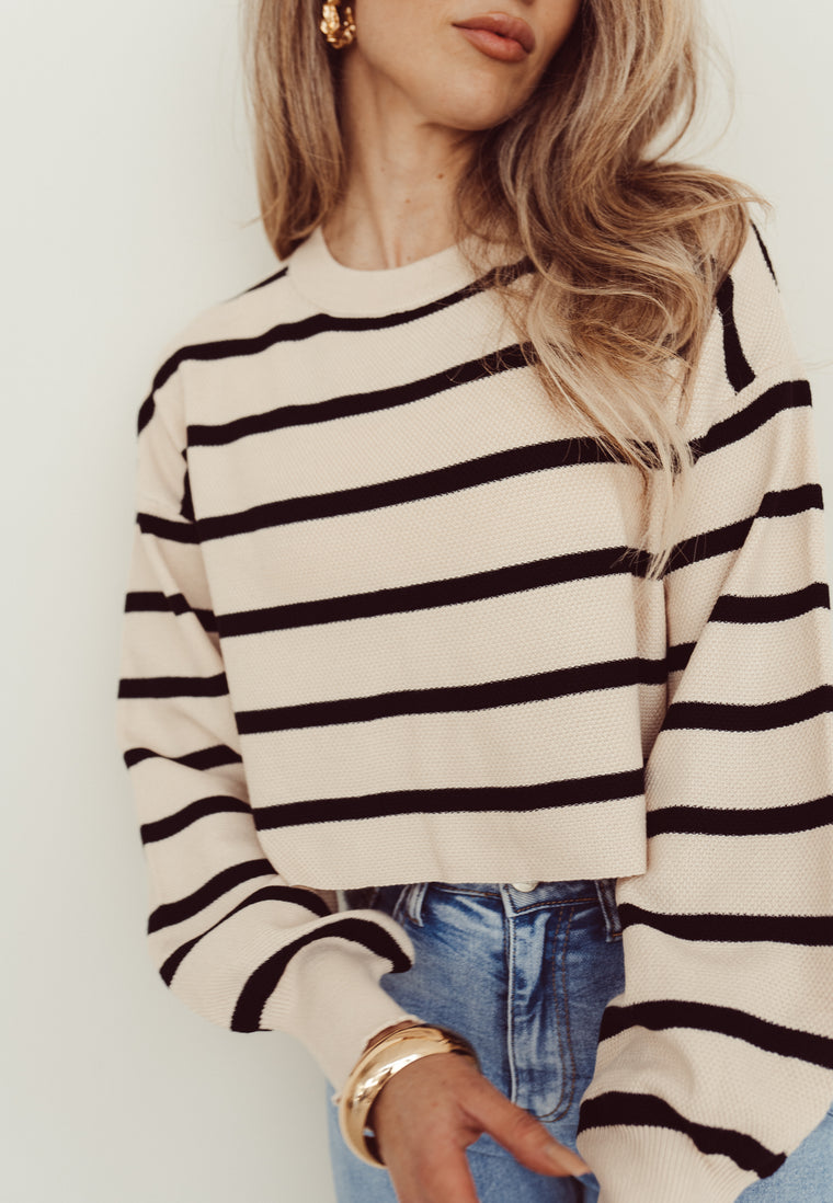 GIGI - Cropped Striped Sweater in Beige