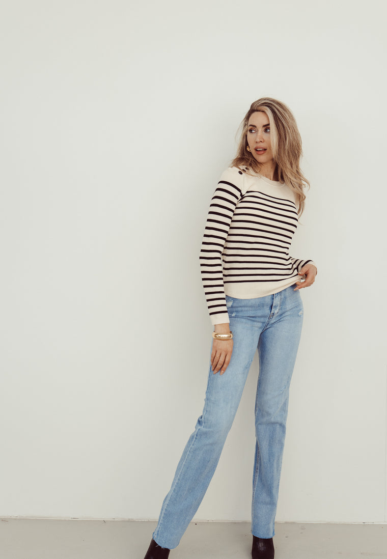 MARY - Striped Longsleeve Top with Shoulder Buttons in White