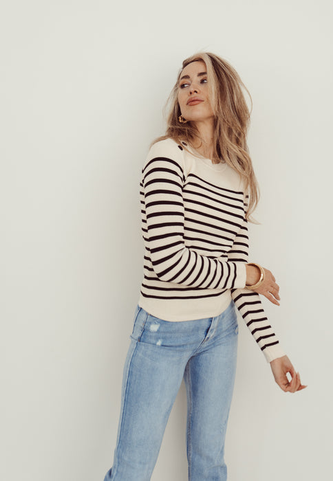 MARY - Striped Longsleeve Top with Shoulder Buttons in White