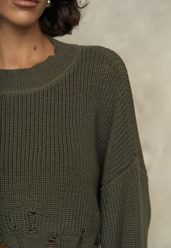 ROXY - Crop Knit Distressed Sweater in Army