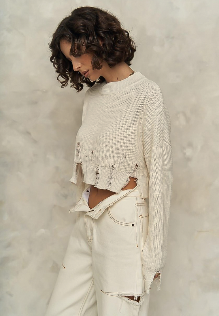 ROXY - Crop Knit Distressed Sweater in Off White