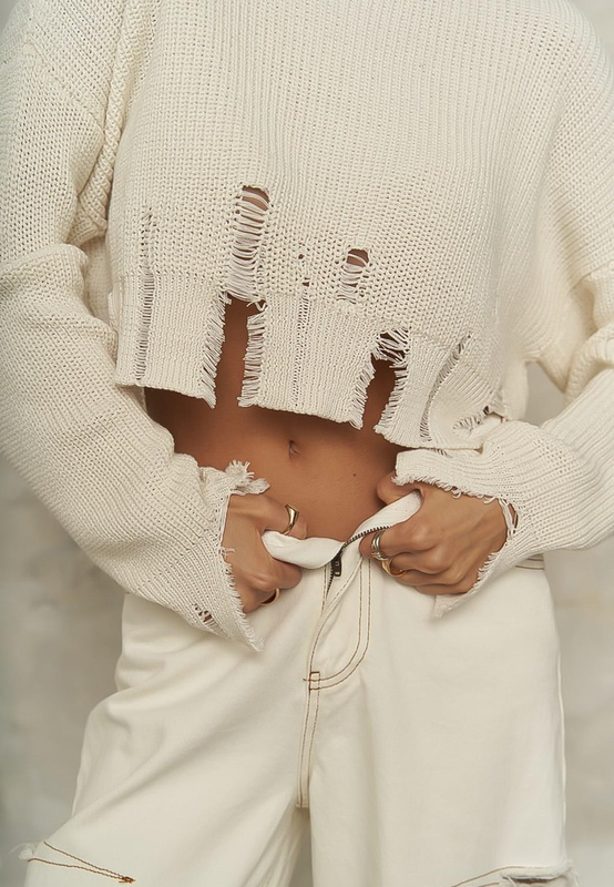 ROXY - Crop Knit Distressed Sweater in Off White