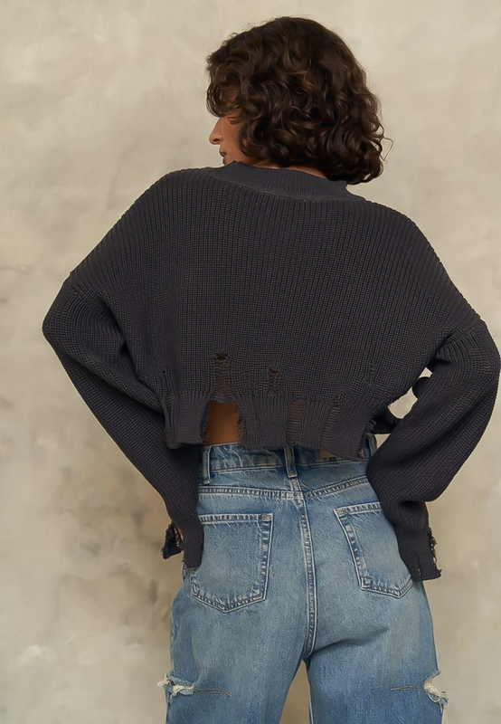 ROXY - Crop Knit Distressed Sweater in Smoke Grey