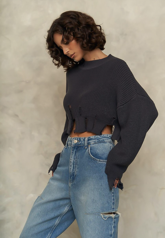 ROXY - Crop Knit Distressed Sweater in Smoke Grey