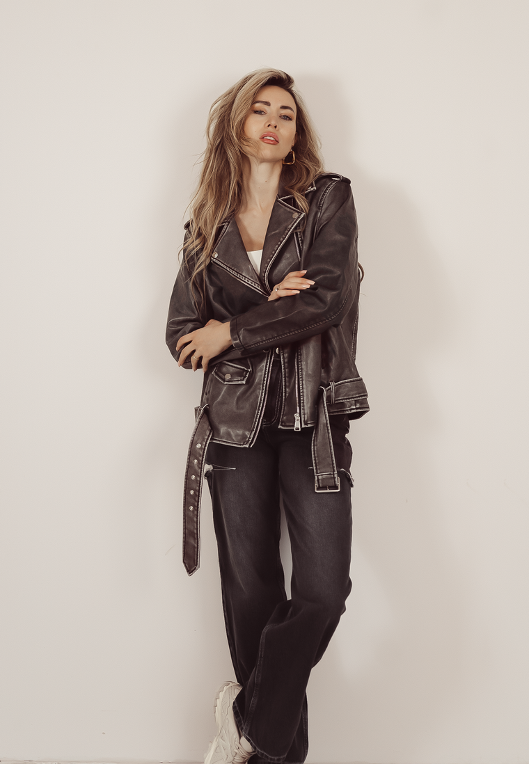 STACIE - Faux Leather Oversized Jacket in Washed Black