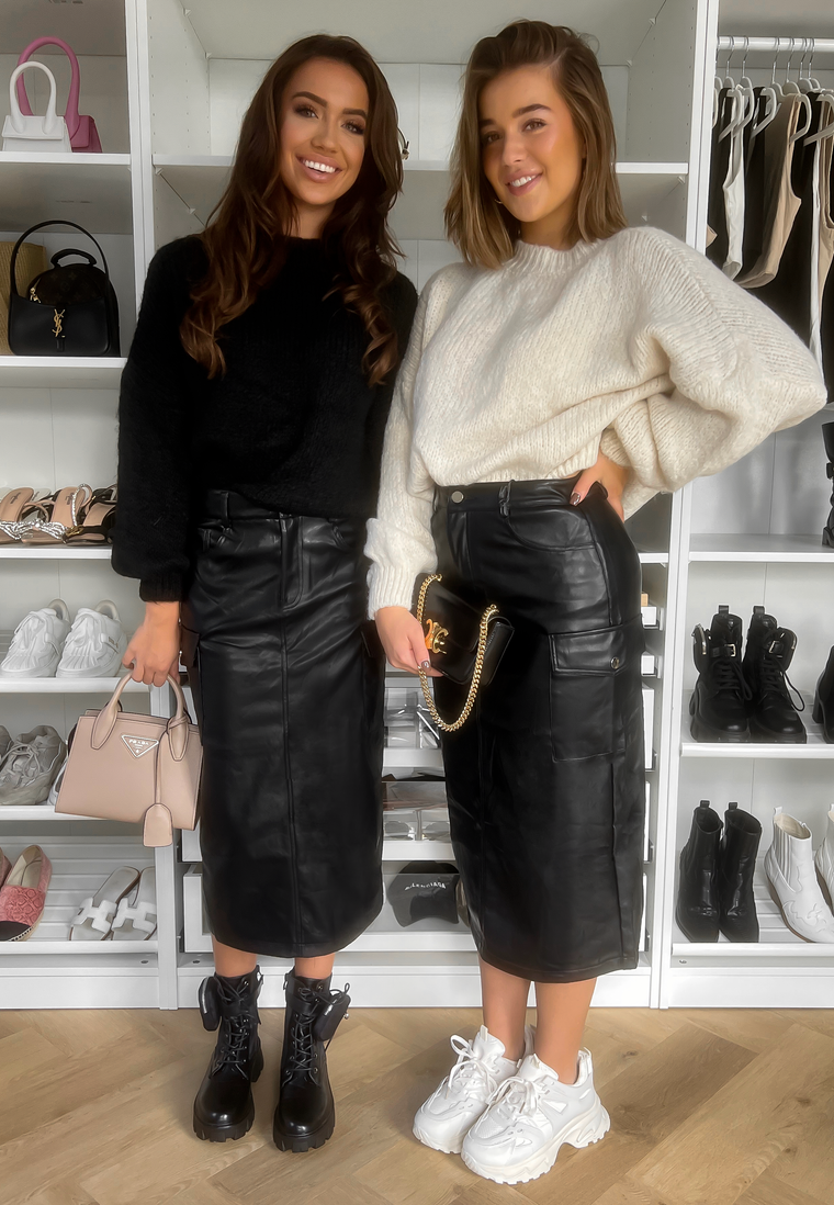NELLY - Faux Leather Cargo Midi Skirt in Black