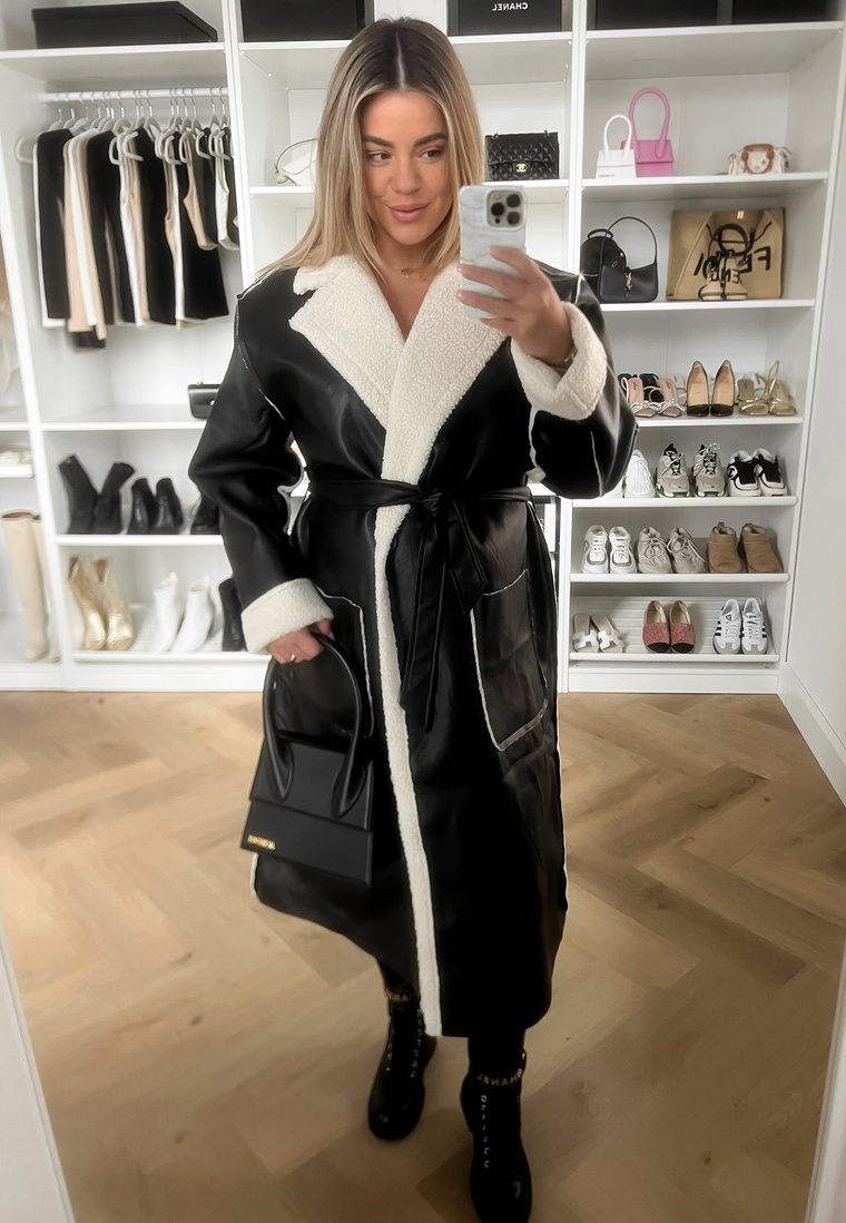 ISAYA - Long Faux Leather + Teddy Coat in Black