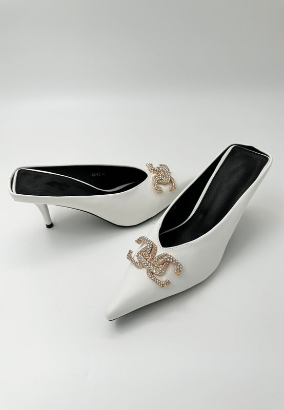 MARY-KATE - Kitten Heel Mule with Crystal Logo in White