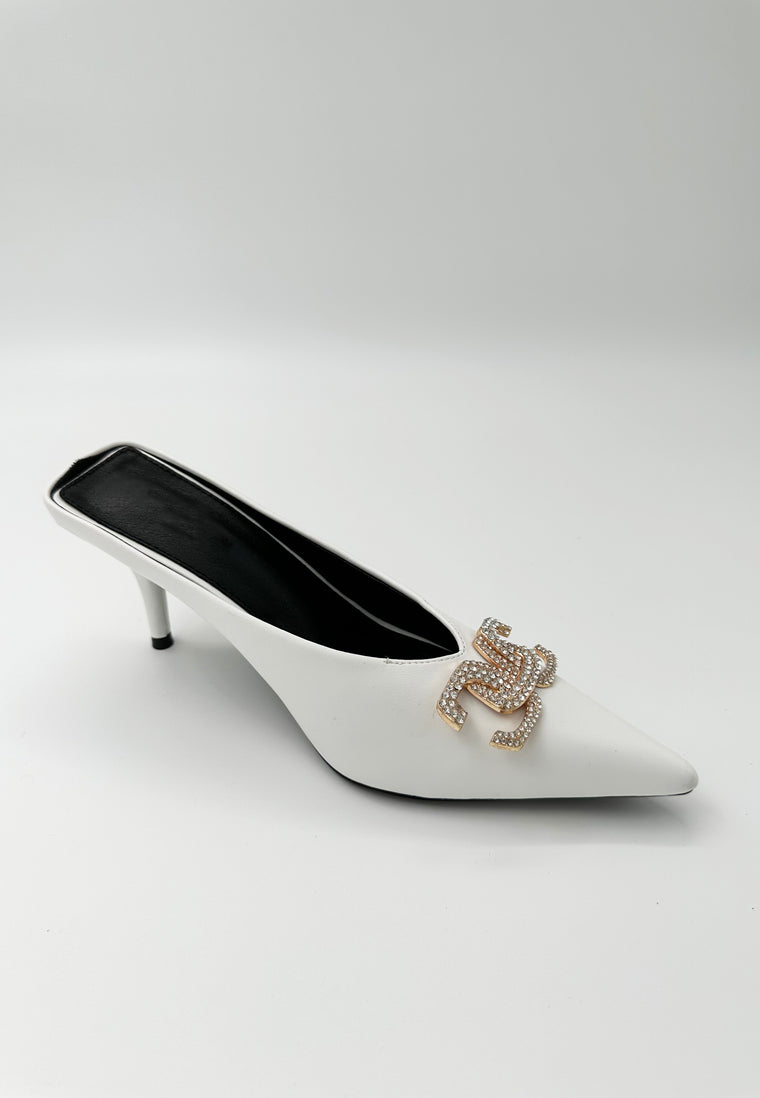 MARY-KATE - Kitten Heel Mule with Crystal Logo in White